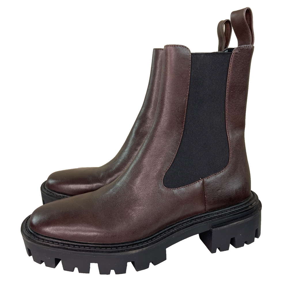 ZARA Brown Leather Ankle Boots Elastic Chunky Heel Track Sole Women 38 7.5 NEW